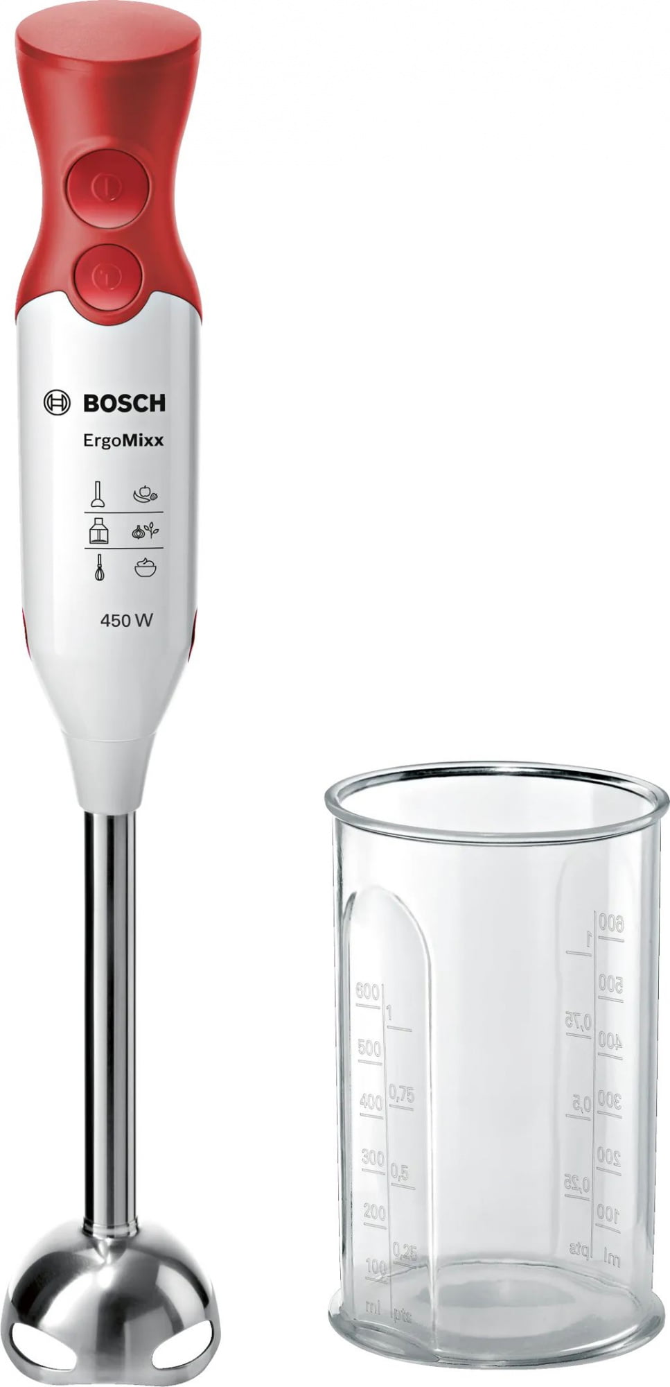 Блендер погружной Bosch MSM64110 белый/красный, 450 Вт, 2 скорости, турбо