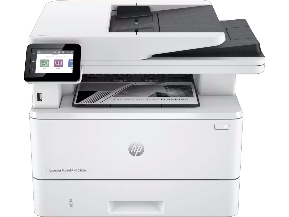 МФУ лазерное HP LaserJet Pro 4103fdw (2Z629A), A4, ч/б, печ. до 40 стр/мин., скан. до 29 стр/мин., 1200 x 1200 dpi (печать) 600x600dpi (скан.), USB, RJ-45, Wi-Fi, BlueTooth, Air Print, Mopria