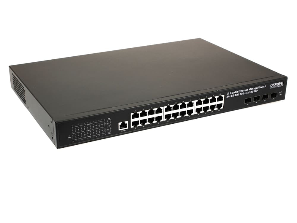 Коммутатор OSNOVO SW-24G4X-1L-I Промышленный управляемый L3 PoE коммутатор на 24xGE RJ-45 c PoE + 4х10G SFP+ порта
