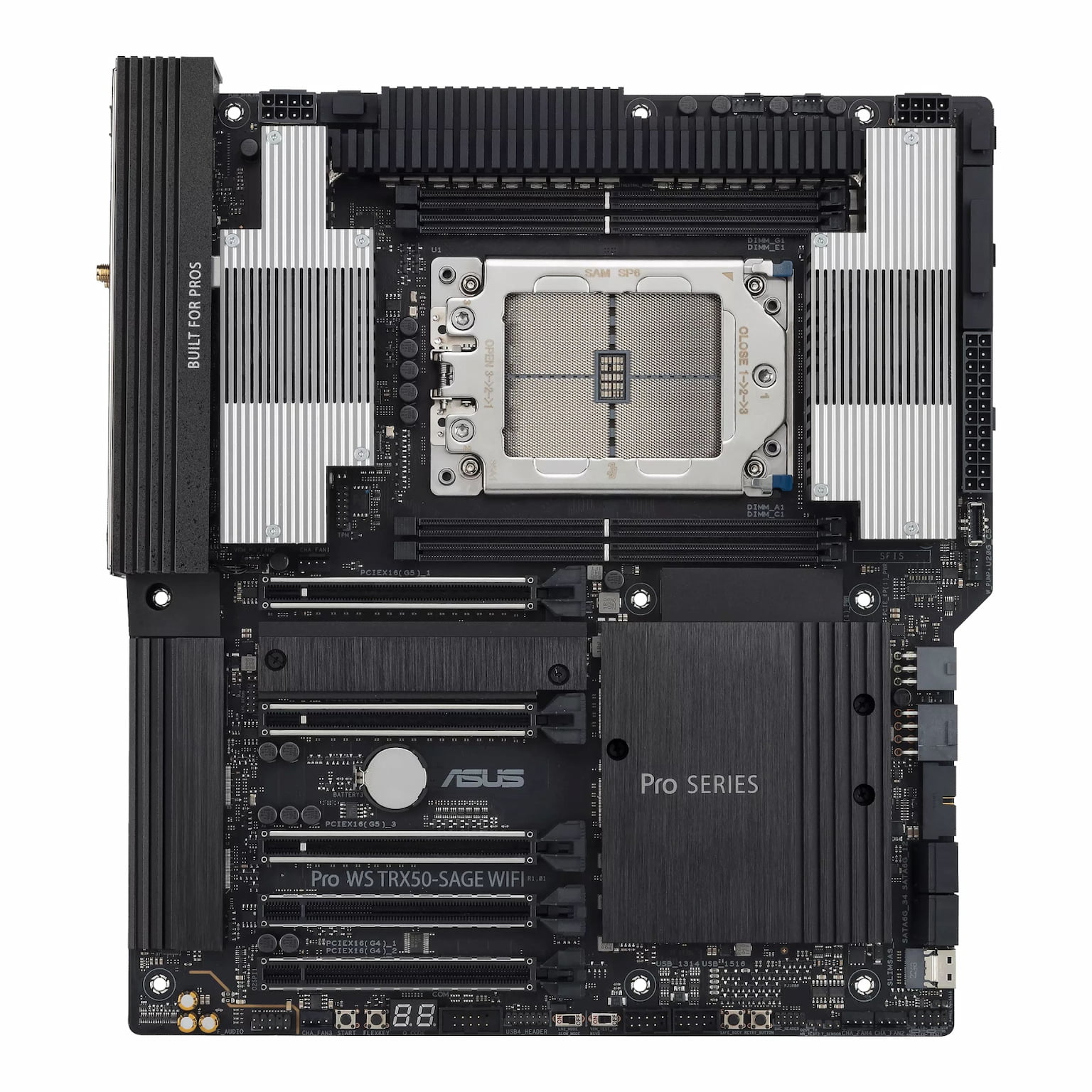 Материнская плата ASUS Pro WS TRX50-SAGE WIFI, sTR5, AMD TRX50, 4xDDR5, 4xSATA, 3xM.2, 1xPCIe 5.0 x8, 1x10Gb LAN, 1x2.5Gb LAN, USB Type-C, Wi-Fi 7, Bluetooth, 2x3.5 мм, 5.1, E-ATX