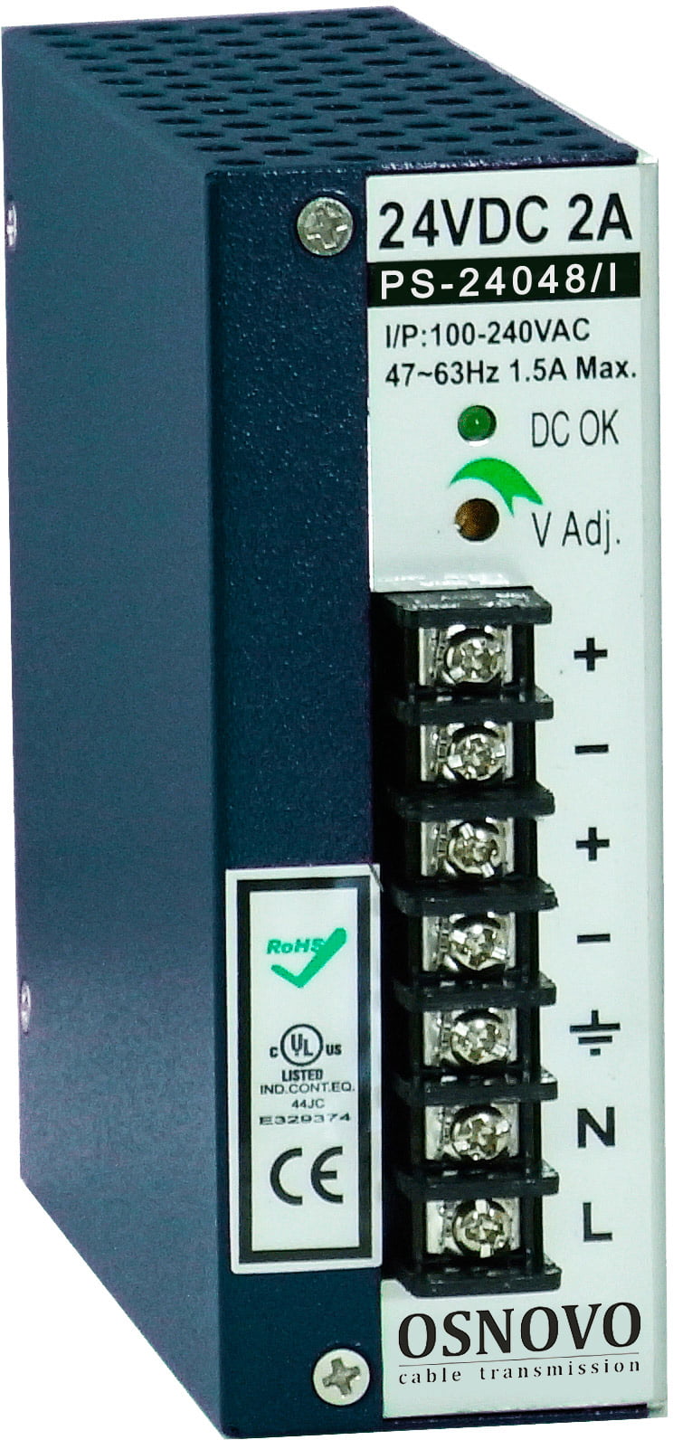 Блок питания OSNOVO Промышленный блок питания. DC24V, 2A (48W). Диапазон входных напряжений: AC195-265V