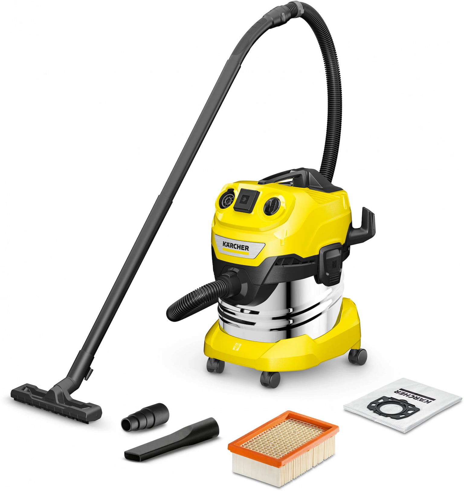Строительный пылесос Karcher WD 4 P S V-20/5/22 желтый, 1000 Вт, уборка сухая/сбор воды/выдув, пылесборник мешок/контейнер, 20 л