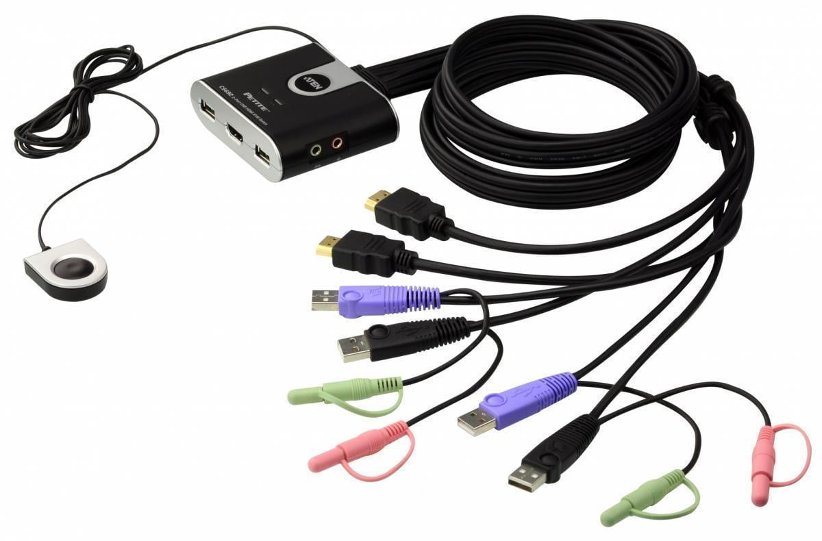 Переключатель KVM ATEN (CS692-AT) KVM+Audio, 1 user USB+HDMI => 2 cpu USB+HDMI, со встр.шнурами USB+Audio 2x1.2м., 1920x1200, настол., исп.стандарт.