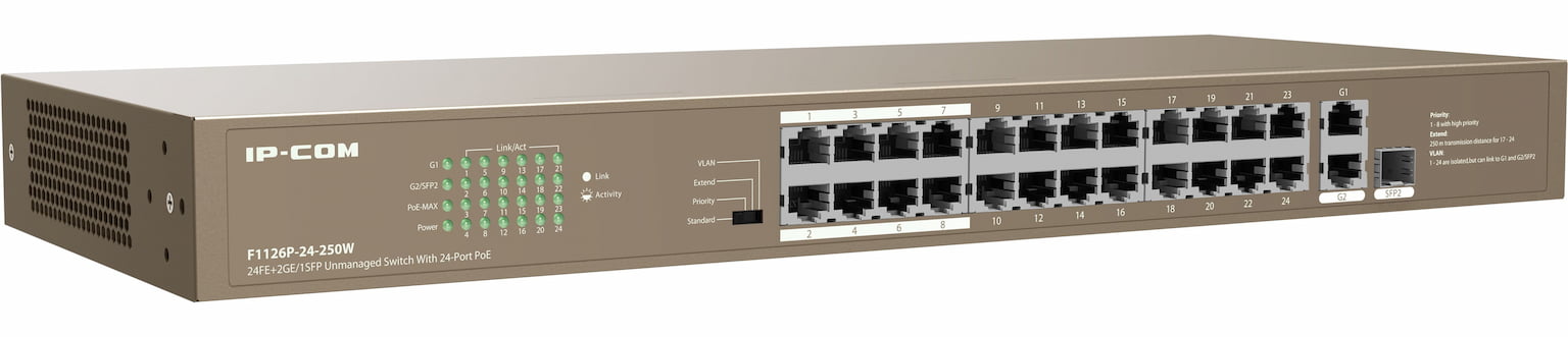 Коммутатор IP-COM F1126P-24-250W, 24×100 Мбит/с PoE + 1×1 Гбит/с + 1×1 Гбит/с Комбо (RJ45/SFP), неуправляемый