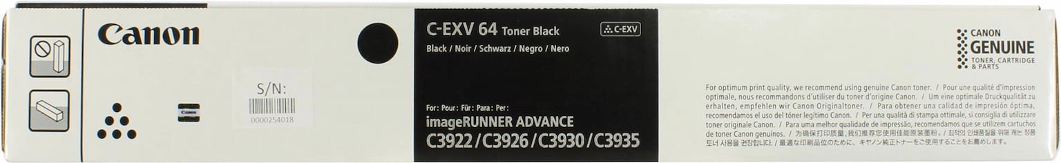 Тонер Canon C-EXV64BK 5753C002 черный туба 950гр. для копира imageRunner Advance DX C3922i/C3926i/C3930i/C3935i, (ISO 38000 стр)