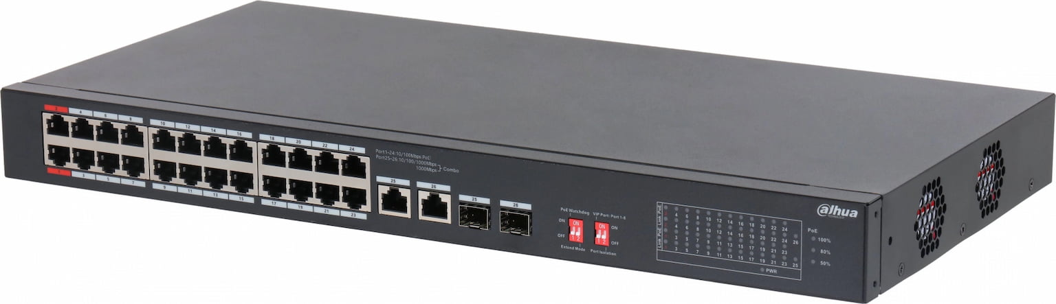 Коммутатор Dahua DH-S3226-24ET-240, 24×100 Мбит/с PoE + 2×1 Гбит/с Combo, неуправляемый