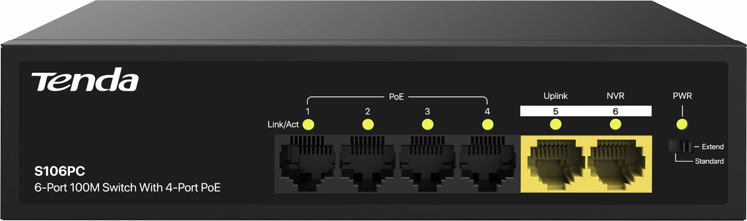 Коммутатор Tenda S106PC, 4×100 Мбит/с PoE+ + 2×100 Мбит/с Uplink, неуправляемый