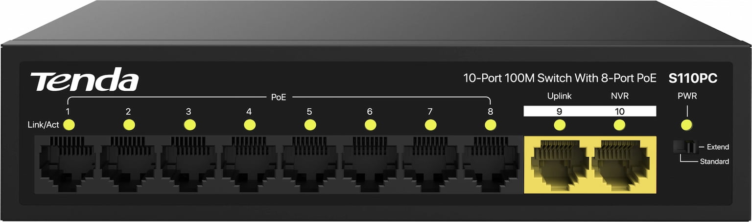 Коммутатор Tenda S110PC, 10×100 Мбит/с (8×PoE), неуправляемый
