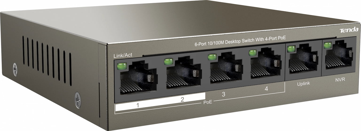 Коммутатор Tenda TEF1106P-4-63W, 4×100 Мбит/с PoE + 2×100 Мбит/с Uplink, неуправляемый
