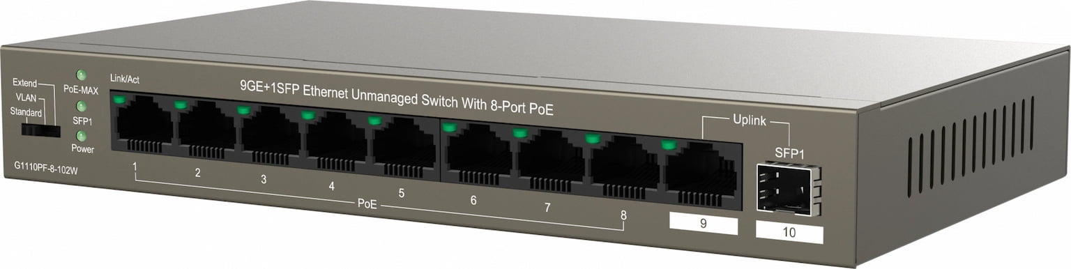 Коммутатор IP-COM G1110PF-8-102W, 8×1 Гбит/с PoE+ + 1×1 Гбит/с Uplink + 1×1 Гбит/с SFP, неуправляемый