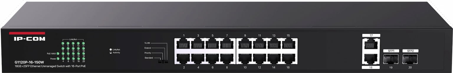 Коммутатор IP-COM G1120P-16-150W, 16×1 Гбит/с PoE + 2×1 Гбит/с + 2×1 Гбит/с SFP, неуправляемый