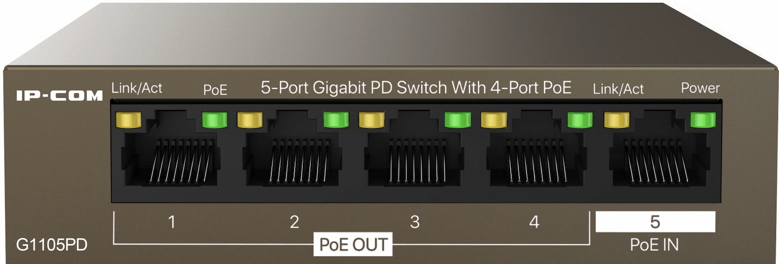 Коммутатор IP-COM G1105PD, 4×1 Гбит/с PoE + 1×1 Гбит/с Uplink, неуправляемый