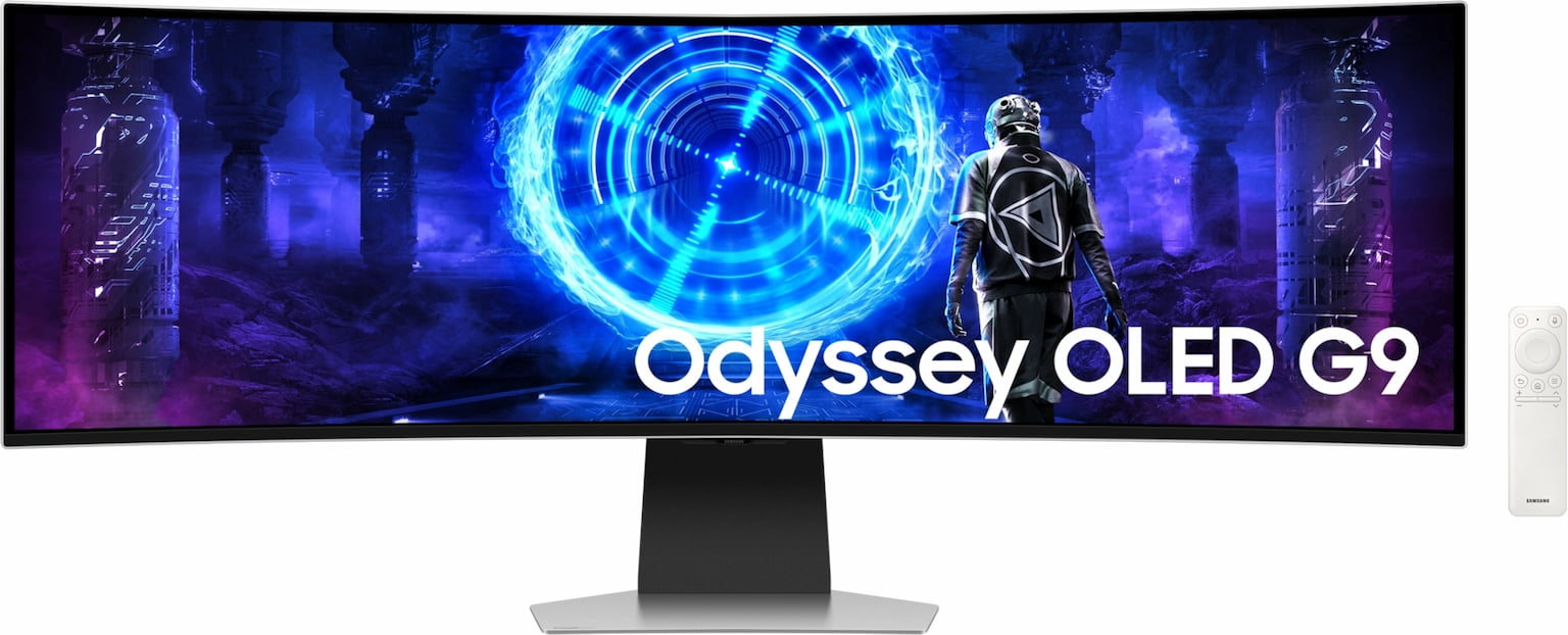 Монитор 49" Samsung Odyssey OLED G9 G95SD S49DG952SI OLED 5120x1440, 240 Гц, 0.03 мс, 32:9, 250 кд/м², DP 1.4, HDMI 2.1, micro HDMI 2.1, USB-C, USB Hub (3x USB 3.0), FreeSync, G-Sync, динамики (2x10 Вт), изогнутый экран (1800R), серебристый