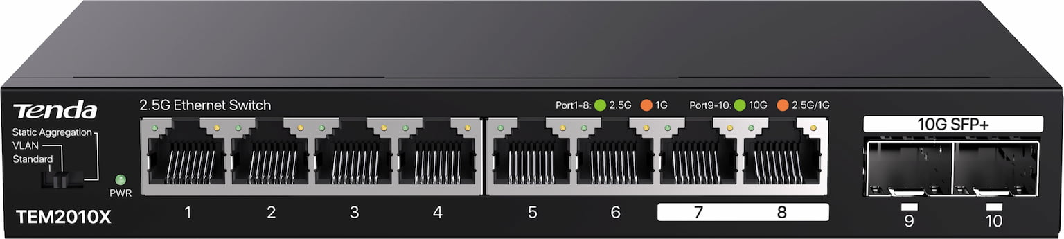 Коммутатор Tenda TEM2010X, 8×2.5 Гбит/с + 2×10 Гбит/с SFP+, неуправляемый