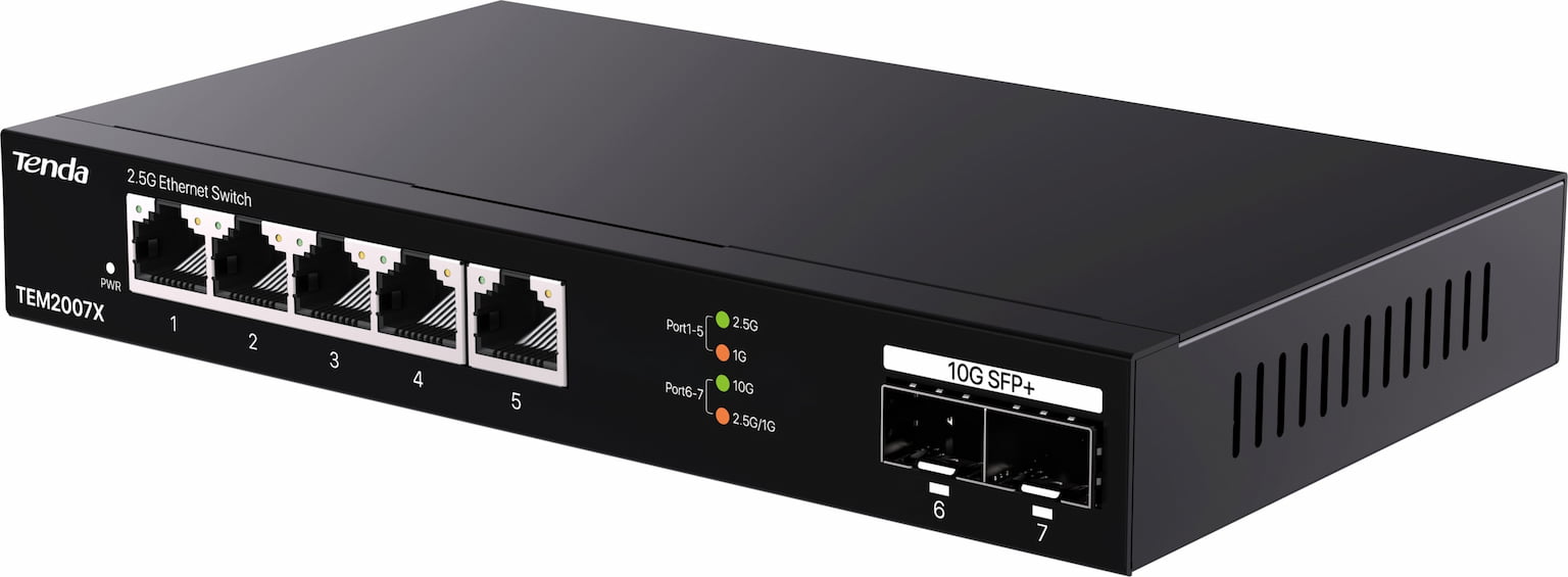 Коммутатор Tenda TEM2007X, 5×2.5 Гбит/с + 2×10 Гбит/с SFP+, неуправляемый