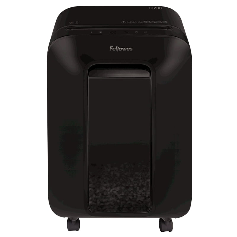 Шредер Fellowes PowerShred LX200 черный (секр.P-4)/перекрестный/12лист./22лтр./скрепки/скобы/пл.карты