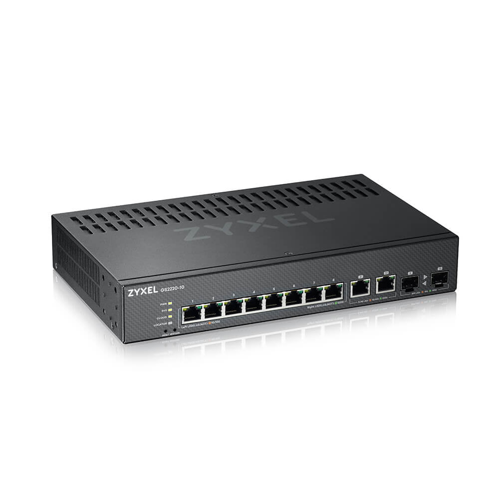 Коммутатор ZYXEL GS2220-10HP, 8×1 Гбит/с + 2×Combo (SFP/RJ-45), 8×PoE+ (180 Вт), L2+, управляемый