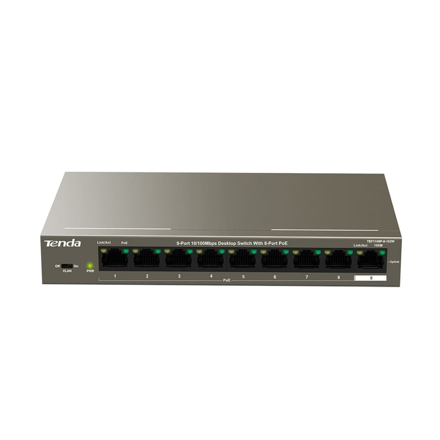 Коммутатор Tenda TEF1109P-8-102W, 8×100 Мбит/с PoE + 1×100 Мбит/с Uplink, неуправляемый