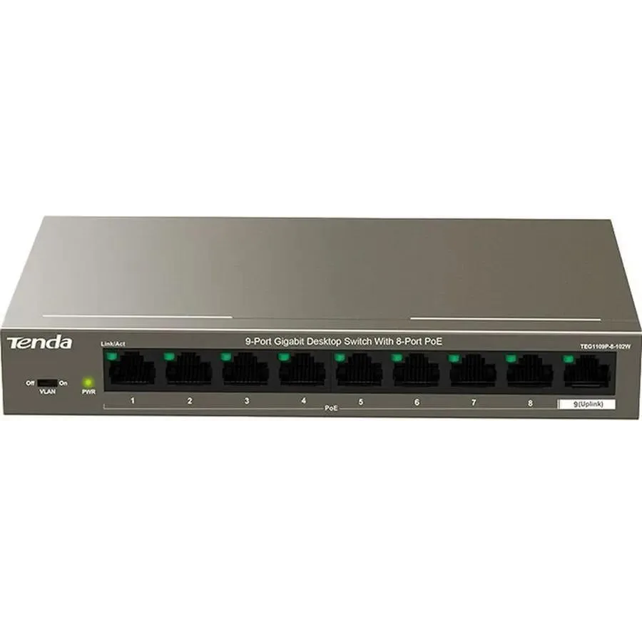 Коммутатор Tenda TEG1109P-8-102W, 8×1 Гбит/с PoE + 1×1 Гбит/с Uplink, неуправляемый