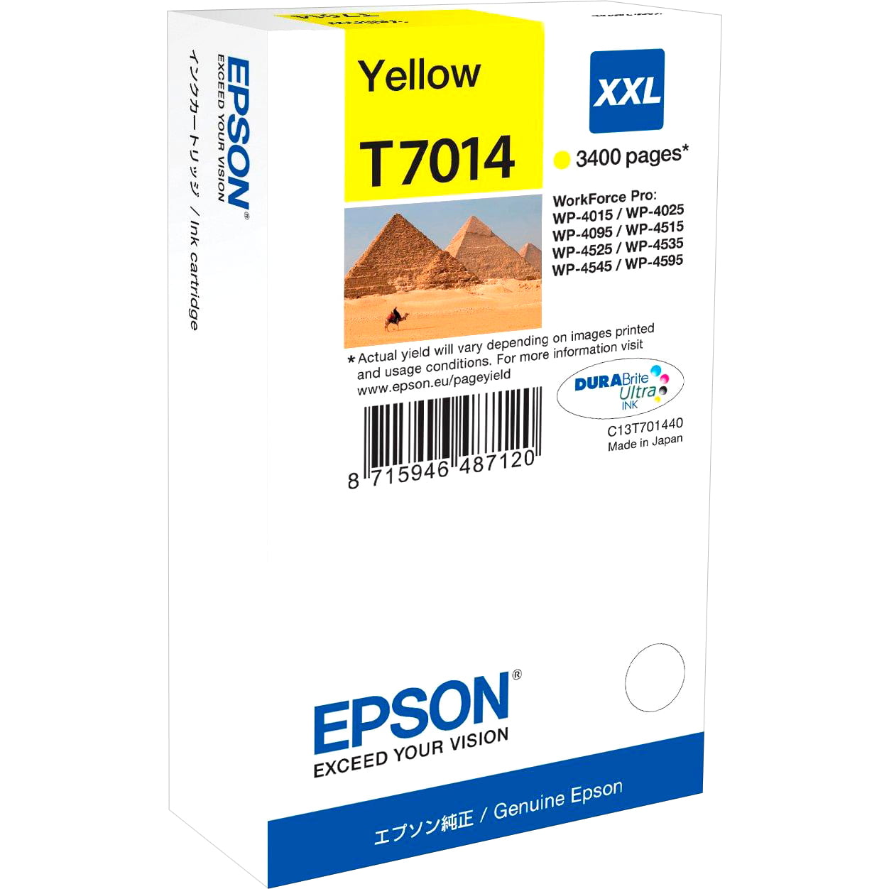 Картридж струйный Epson C13T70144010 желтый (3400 стр. сверх-повышенной емкости) для WorkForce WP-4015DN WP-4015, WP-4025DW WP-4025, WP-4095DN WP-4095, WP-4515DN WP-4515, WP-4525DNF WP-4525, WP-4535DWF WP-4535, WP-4595DNF WP-4595