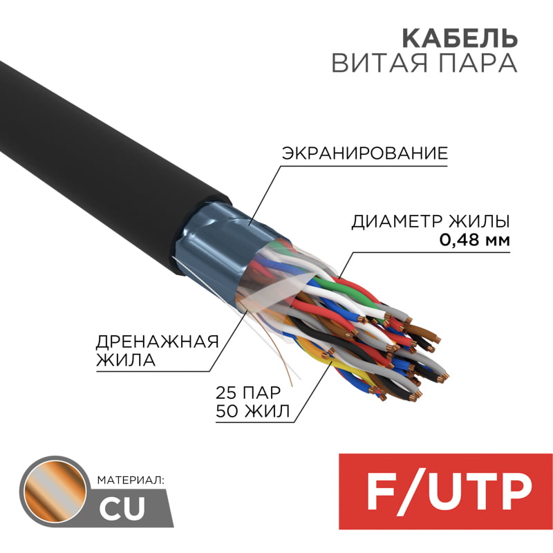 Кабель FTP Rexant 25PR 24AWG, CAT5, наружный (OUTDOOR), бухта 305 м
