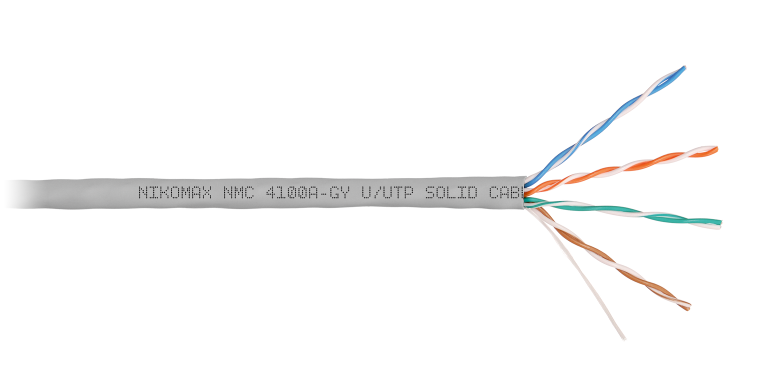 Кабель NIKOMAX U/UTP NMC 4100A-GY - 4 пары, Кат.5e (Класс D), тест по ISO/IEC, 100МГц, одножильный, BC (чистая медь), 24AWG (0,51мм), поливинилхлорид, внутренний, серый, 305м