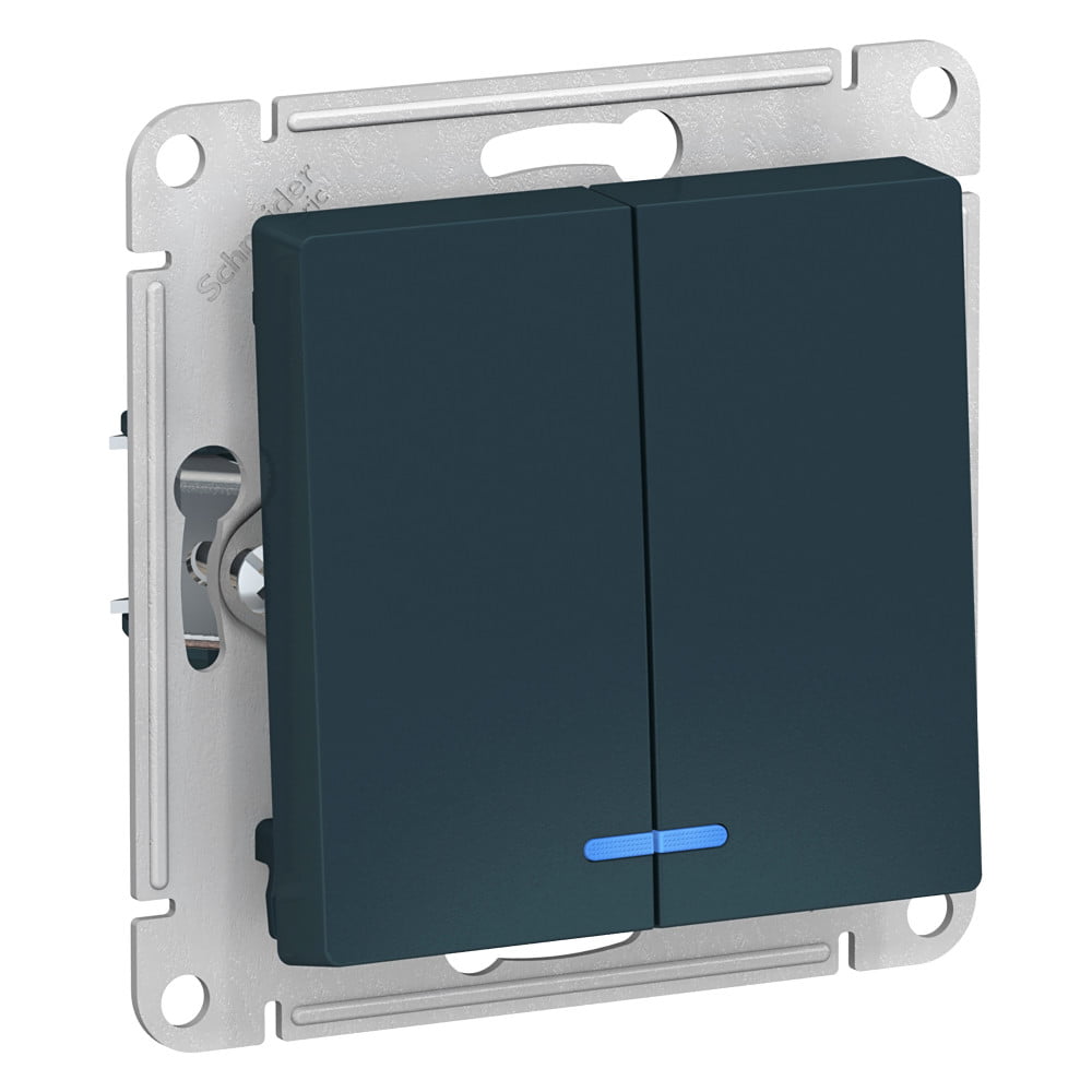 Выключатель 2-клавишный с подсветкой Schneider Electric AtlasDesign ATN000853, сх.5а, 10АХ, механизм, изумруд