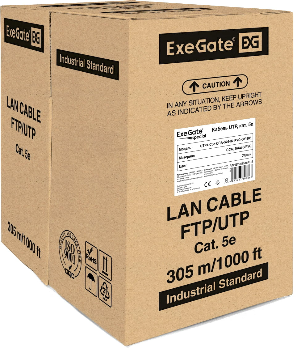 Кабель Exegate UTP 4 EX261518RUS пары кат.5e Exegate Special CCA, бухта 305м, серый, PVC