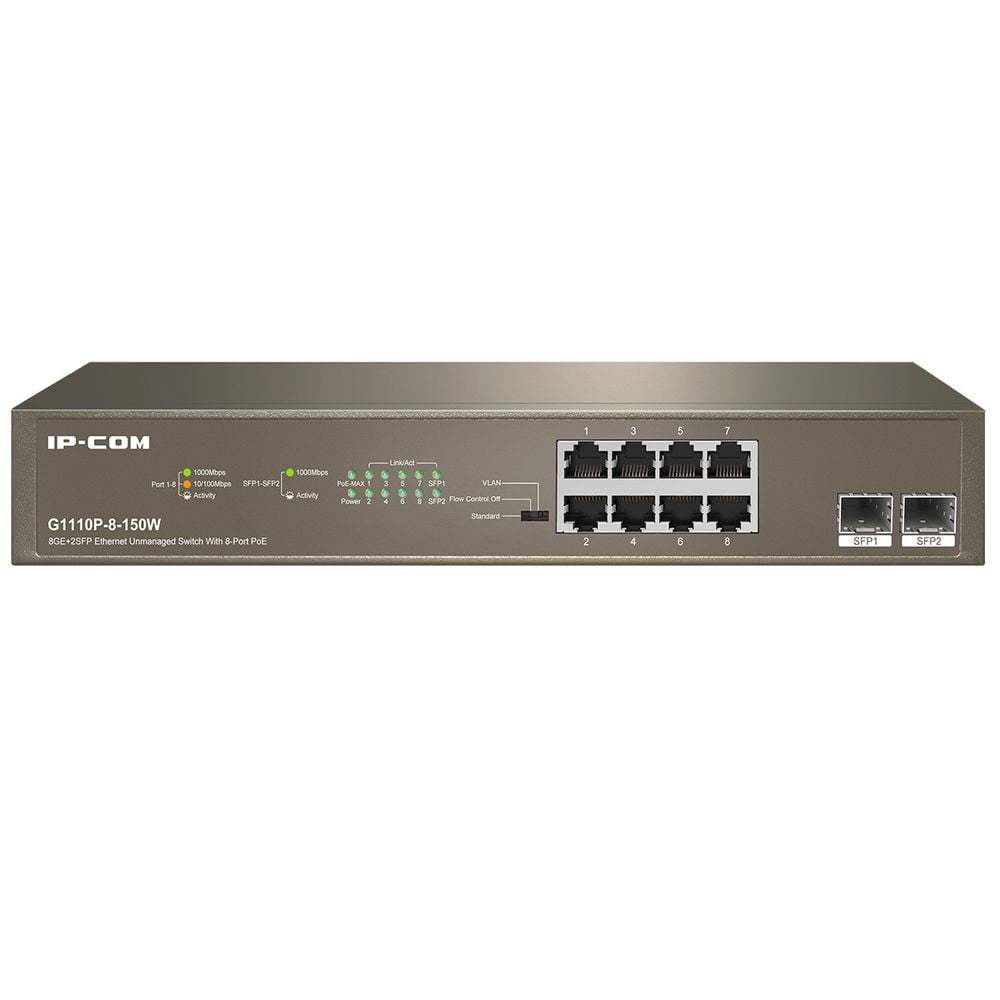 Коммутатор IP-COM G1110P-8-150W, 8×1 Гбит/с PoE + 2×1 Гбит/с SFP, неуправляемый