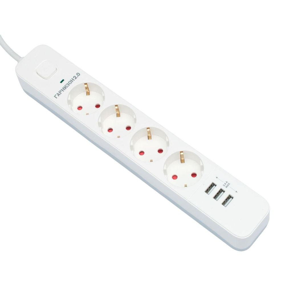 Сетевой фильтр Гарнизон 2.0 Мультипорт EPS-4-U3-W-4, 4 р, 10А, 3xUSB, 4 м, ур.защиты 2+, белый, пакет