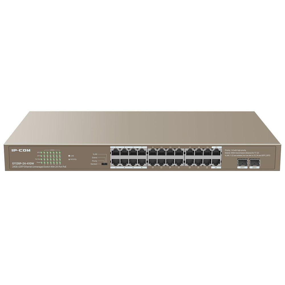 Коммутатор IP-COM G1126P-24-410W, 24×1 Гбит/с PoE+ + 2×1 Гбит/с SFP (Combo), неуправляемый