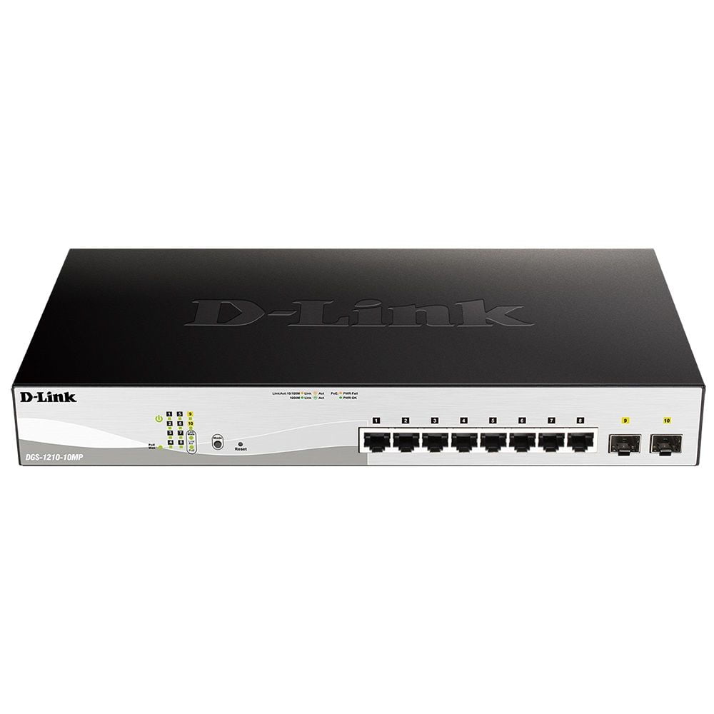 Коммутатор D-Link DGS-1210-10MP/F1A, 8×1 Гбит/с + 2×1 Гбит/с SFP, настраиваемый
