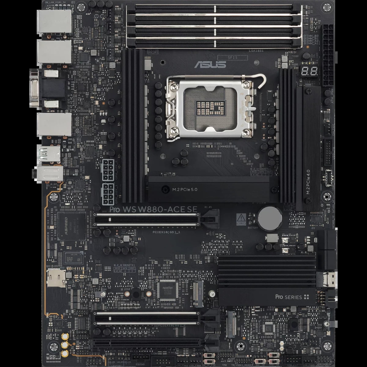 Материнская плата ASUS Pro WS W880-ACE SE, LGA1851, Intel W880, 4xDDR5, 4xSATA, 4xM.2, 1xPCIe 5.0 x16, HDMI, D-Sub, 3x2.5Gb LAN, USB Type-C, 2x3.5 мм, 7.1, ATX