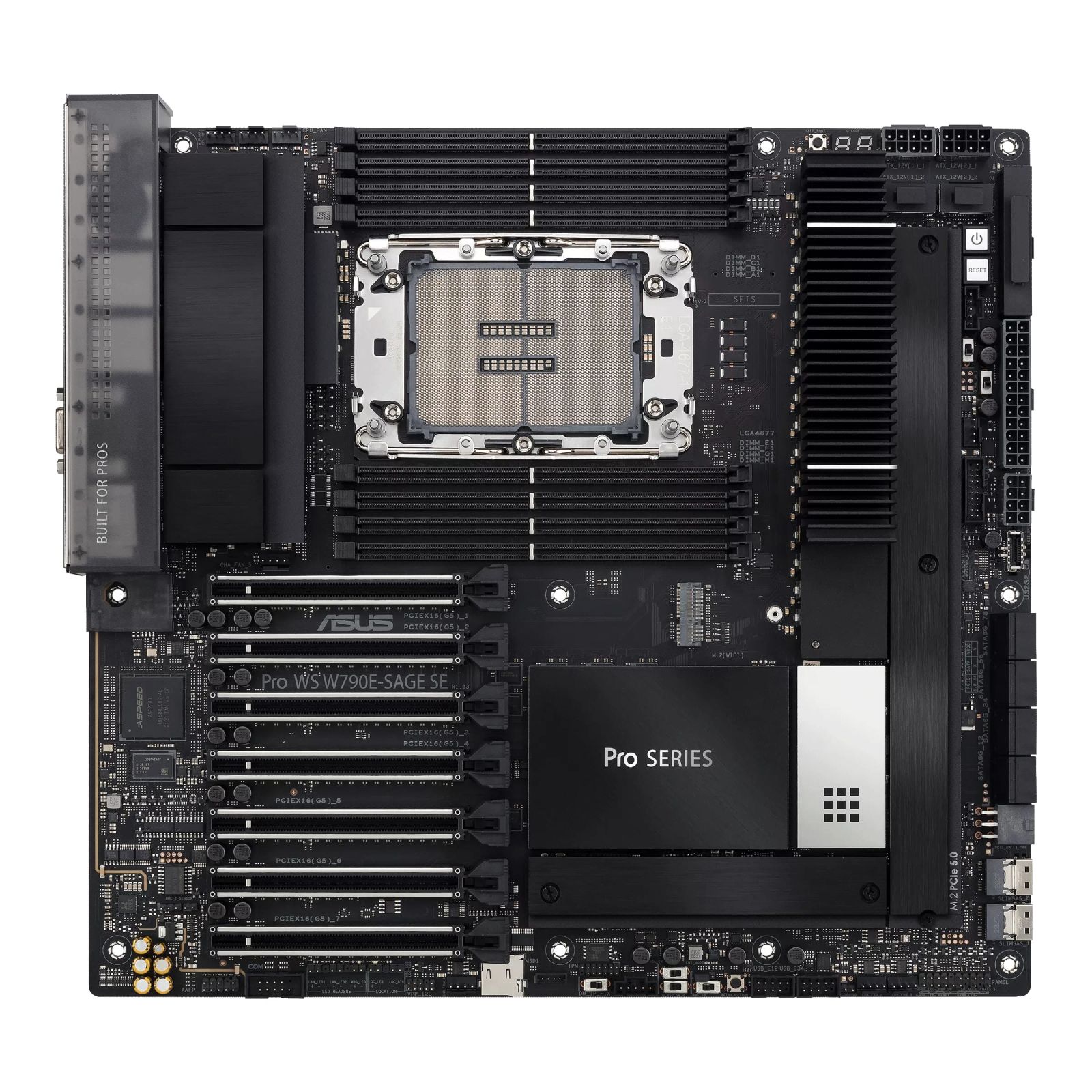 Материнская плата ASUS PRO WS W790E-SAGE SE, LGA4677, Intel W790, 8xDDR5, 8xSATA, 7xPCIe 5.0 x16, 1xVGA, 2x10Gb LAN + 1x1Gb LAN, 8xUSB (2xType-C), 6x3.5 мм + 1xOptical, 7.1, E-ATX