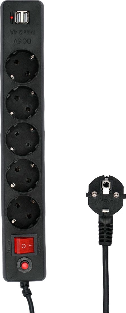 Сетевой фильтр Гарнизон 5 р, 10А, 2xUSB, 1.8 м, ур.защиты 4, черный, пакет