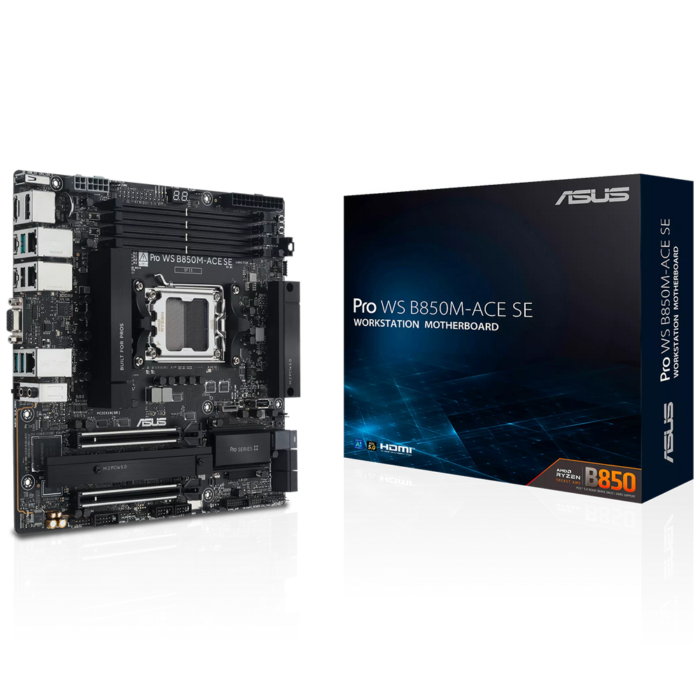 Материнская плата ASUS PRO WS B850M-ACE SE, AM5, AMD B850, 4xDDR5, 4xSATA, 2xM.2, 1xPCIe 5.0 x16, 1xPCIe 4.0 x16, 1xVGA, 1xHDMI, 1xDP, 1x2.5Gb LAN, 1x10Gb LAN, 2xUSB-C 10Gbps, 3xUSB-A 10Gbps, 2xUSB-A 2.0, 7.1, mATX