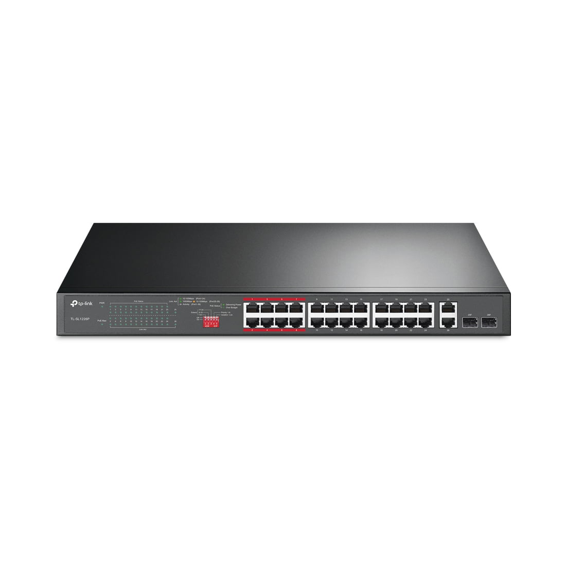Коммутатор 24-port 10/100Mbps Unmanaged PoE+ Switch with 2 combo RJ-45/SFP uplink ports, metal case, rack mount, 24 802.3af/at compliant PoE+ ports, 2 gigabit combo RJ-45/SFP uplink ports, DIP switches for Extend mode, Isolation mode and Priority mode, up to 25