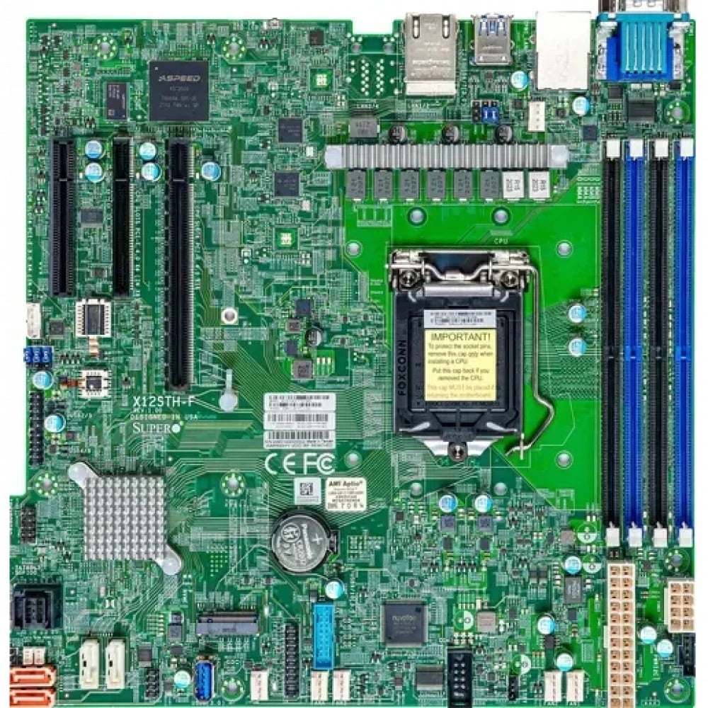 Материнская плата SuperMicro MBD-X12STH-F-B, LGA1200, Intel C256, 4xDDR4, 1xPCIe 4.0 x16, 2xPCIe 4.0 x4, 8xSATA, 1xM.2, 2xDOM, 2xLAN, 1xRJ45, 1xVGA, 3xUSB 3.2 Gen1 (внутренние), 4xUSB 2.0 (внутренние), mATX