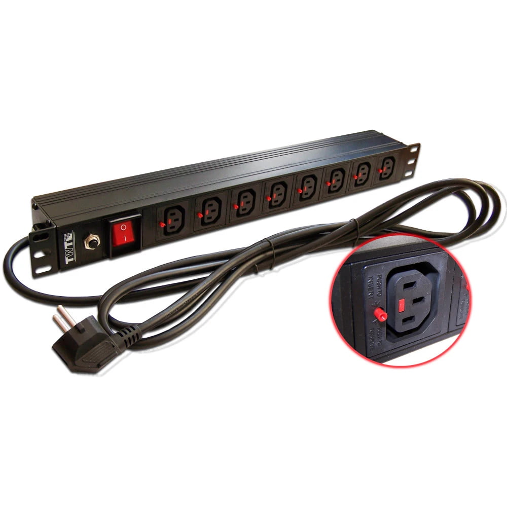 Блок розеток 19" 8 шт. C13 с фиксатором вилки, 10A 250V, шнур питания 3.0 м