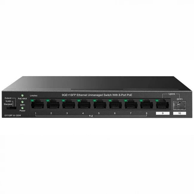Коммутатор IP-COM G1110PF-8-120W, 9×1 Гбит/с + 1×1 Гбит/с SFP, неуправляемый