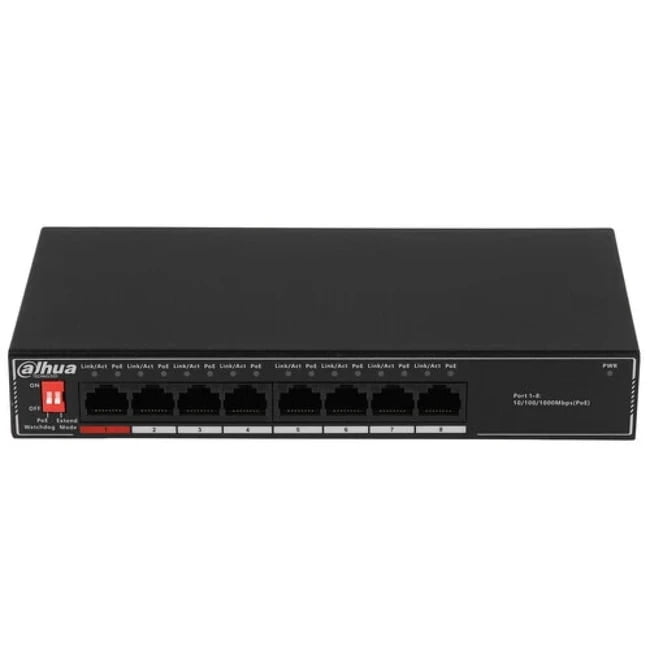 Коммутатор гигабитный 8-портовый неуправляемый c PoE Dahua DH-SG1008P, 8xRJ45 1Gb PoE, суммарно 96Вт, коммутация 20 Гбит/с, MAC-таблица 8K, металл