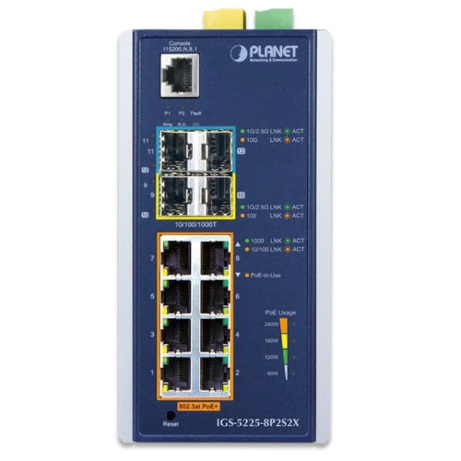 Коммутатор PLANET IGS-5225-8P2S2X, 8×1 Гбит/с PoE+ + 2×1 Гбит/с SFP + 2×10 Гбит/с SFP+, управляемый