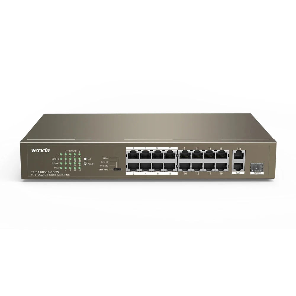 Коммутатор IP-COM F1118P-16-150W, 16×100 Мбит/с PoE + 1×1 Гбит/с + 1×1 Гбит/с Комбо (RJ45/SFP), неуправляемый