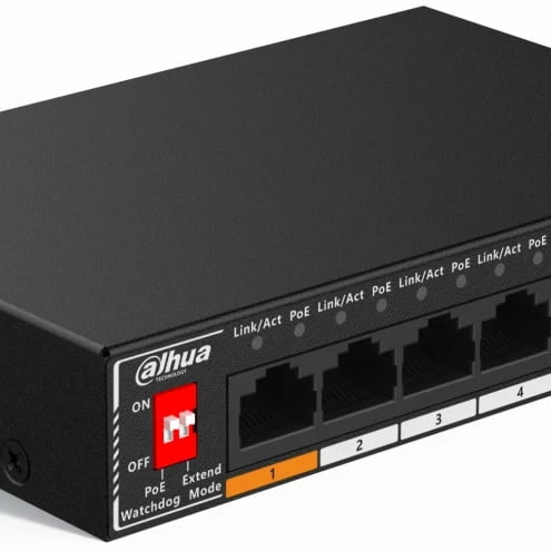 Коммутатор гигабитный 6-портовый неуправляемый c PoE Dahua DH-SG1006P, 4xRJ45 1Gb PoE, 2xRJ45 1Gb uplink, суммарно 60Вт, коммутация 14 Гбит/с, MAC-таблица 2K, металл