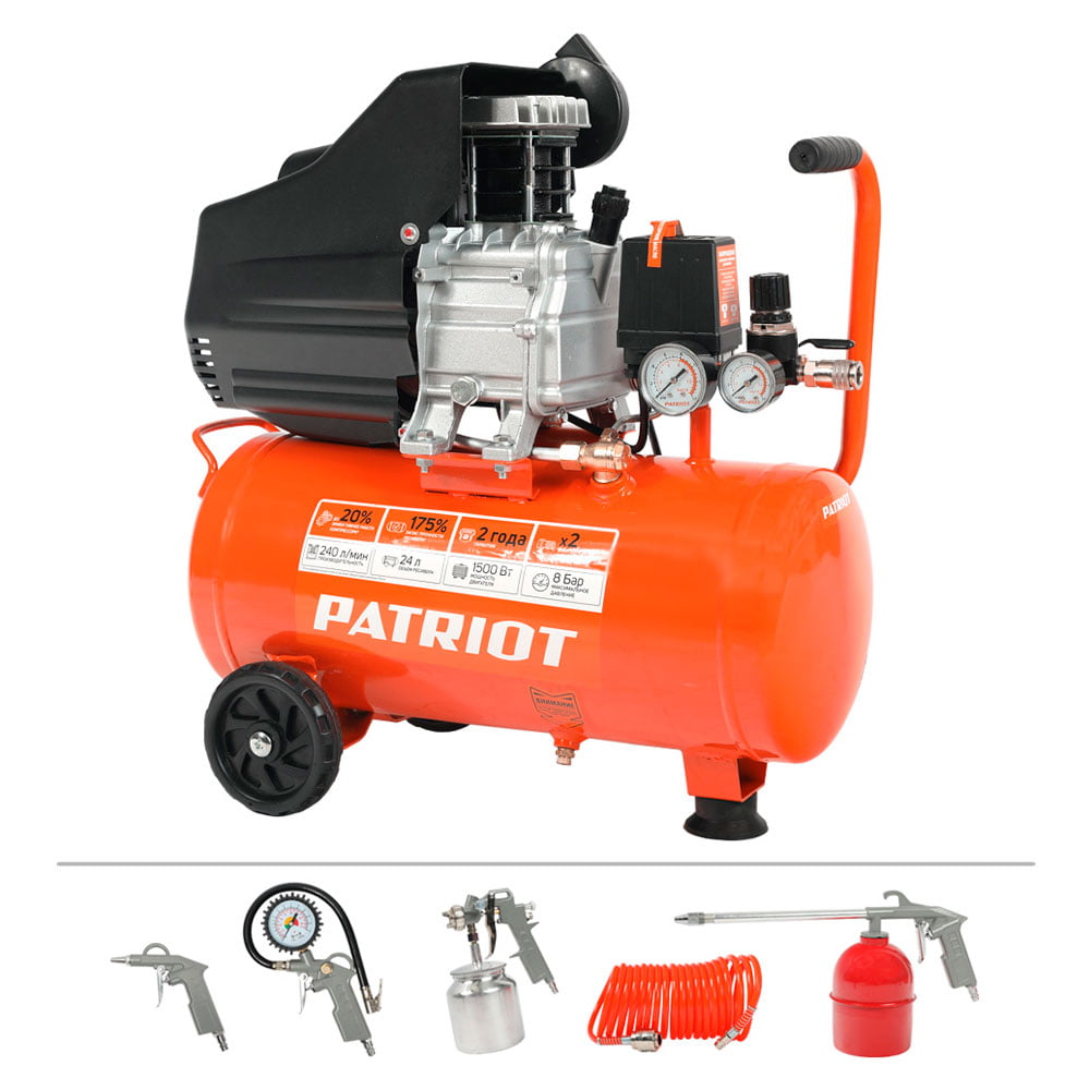 Компрессор Patriot EURO 24-240K + набор пневиоинструмента KIT 5В1.5кВт 220В 240л/мин 24л