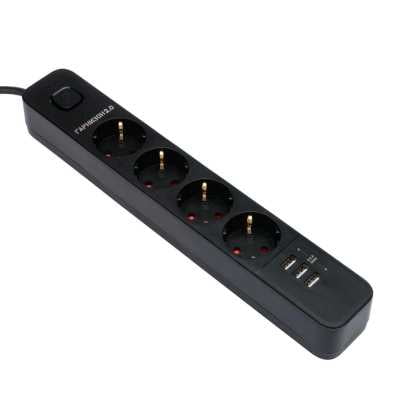 Сетевой фильтр Гарнизон 2.0 Мультипорт EPS-4-U3-B-2, 4 р, 10А, 3xUSB, 2 м, ур.защиты 2+, черный, пакет