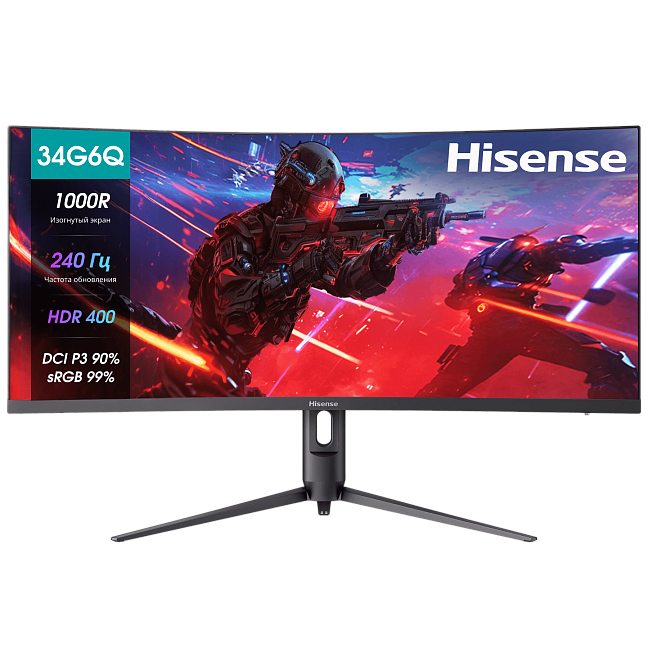 Монитор 34" Hisense 34G6Q PRO VA 3440x1440, 240 Гц, 1 мс, 21:9, 320 кд/м², изогнутый (1000R), 2xHDMI, DisplayPort, HDR400, встроенные динамики, RGB-подсветка, регулировка по высоте, черный