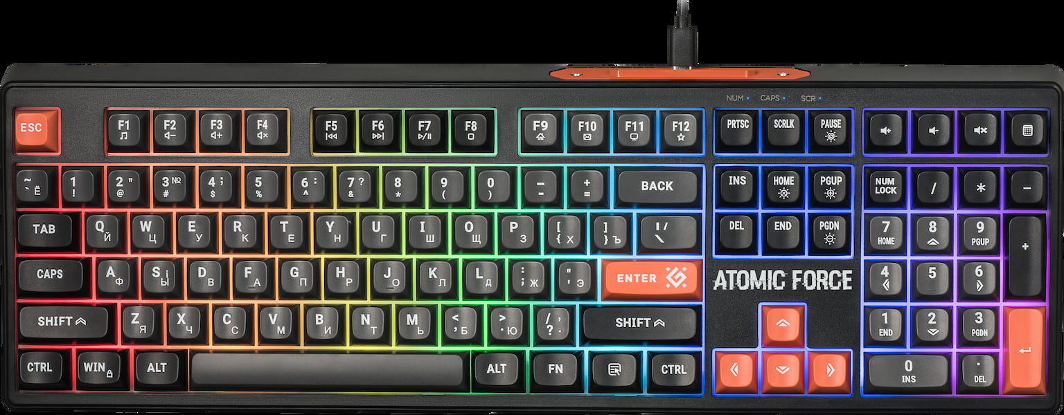 Клавиатура проводная игровая Defender Atomic Force GK-005 RU,чер/сер,108кн+FN,радуж,1.5м
