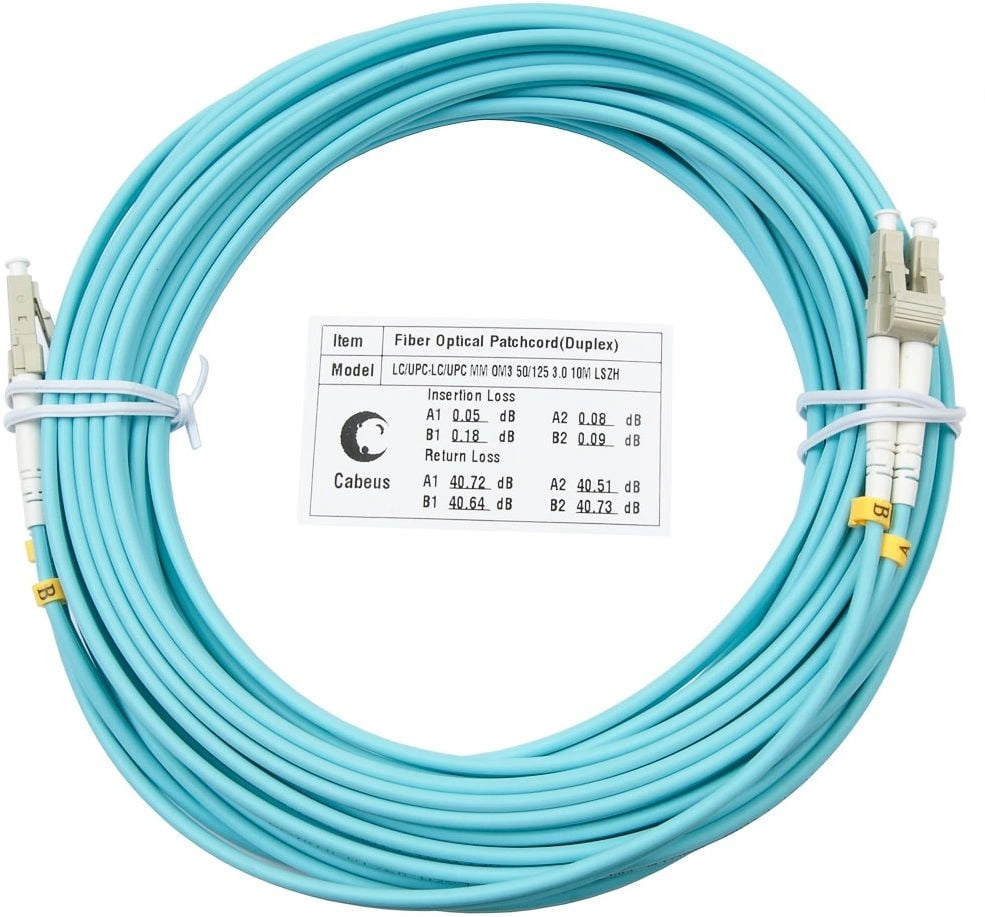 Шнур оптический Cabeus Tight Buffer, Duplex LC/LC, OM3 50/125, LSZH, 10м, d= 3мм, серый хвостовик, аква