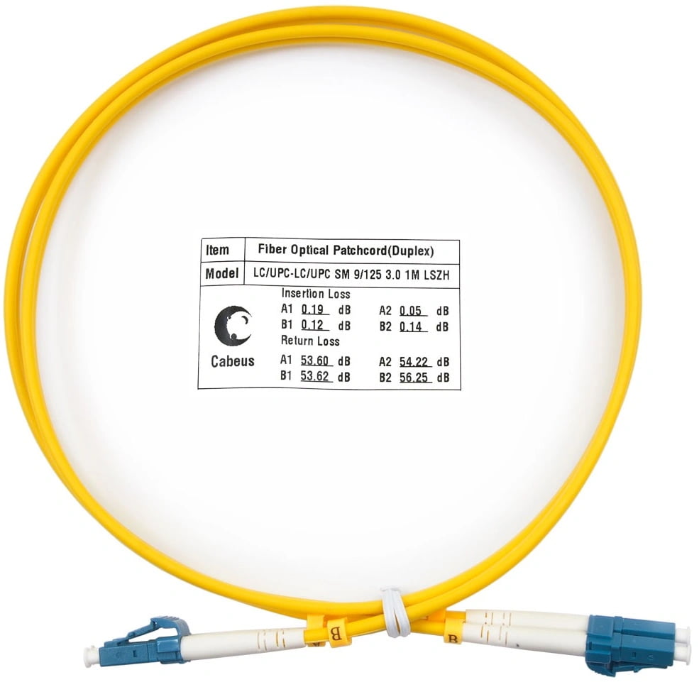 Комм. шнур оптический Cabeus Tight Buffer, Duplex LC/LC, OS2 9/125, LSZH, 1м, Ø 3мм, синий хвостовик, желтый